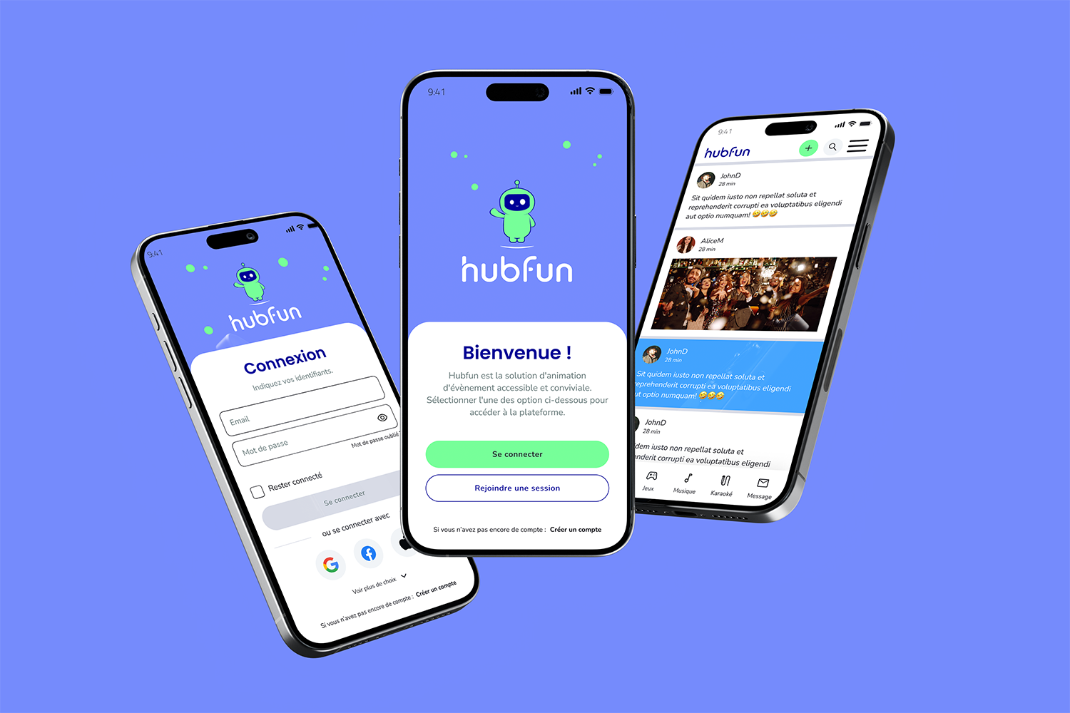 mockup of the Hubfun interface home, login, feed